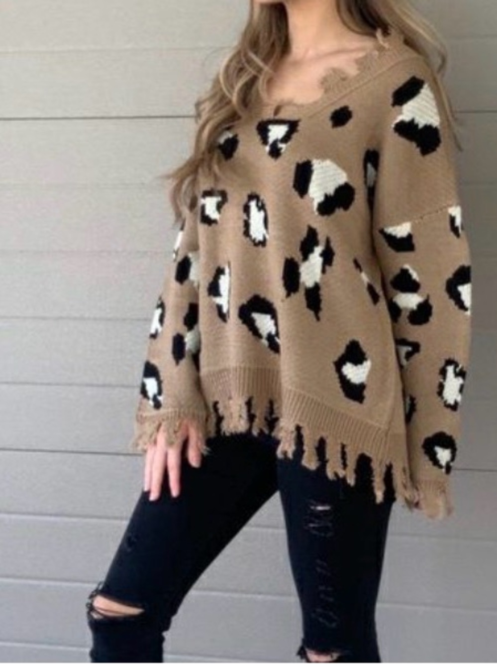 Easel Distressed Leopard Print Oversized Knit Sweater - Size Large